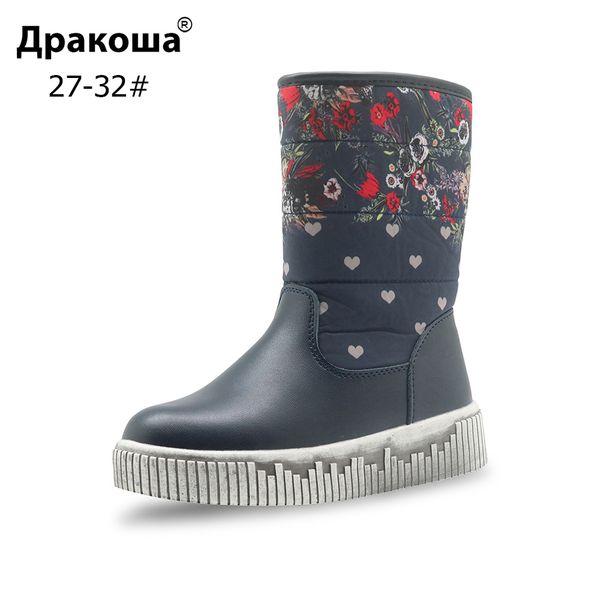 

apakowa waterproof kids mid-calf snow boots warm plush woolen children's winter flat shoes with flower for girls, Black