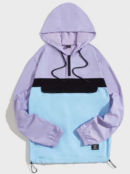 

men colorblock patch detail quarter zip drawstring hooded jacket w9qz#, Black;brown