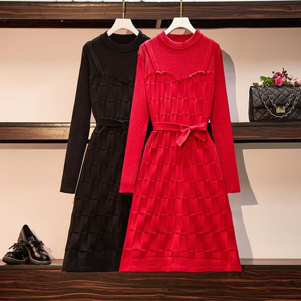 

coigarsam 4xl plus size knitting women dress high waist dresses red black 6763, Black;gray