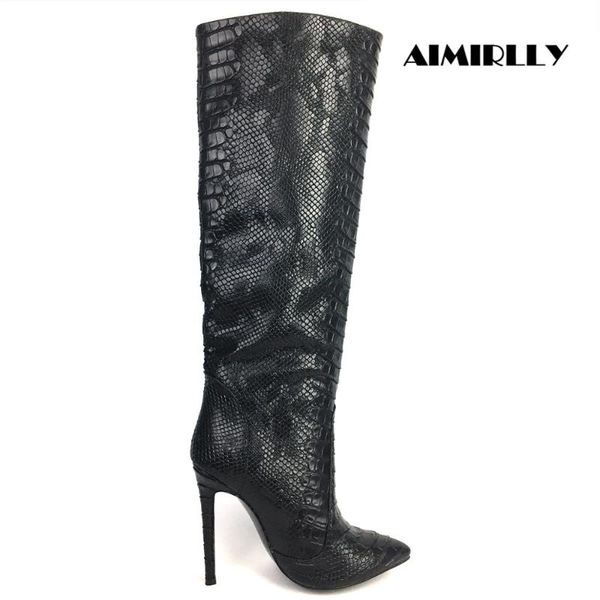

womens knee high boots snake pattern pointed toe high heels ladies winter shoes black pull on short plush lining aimirlly