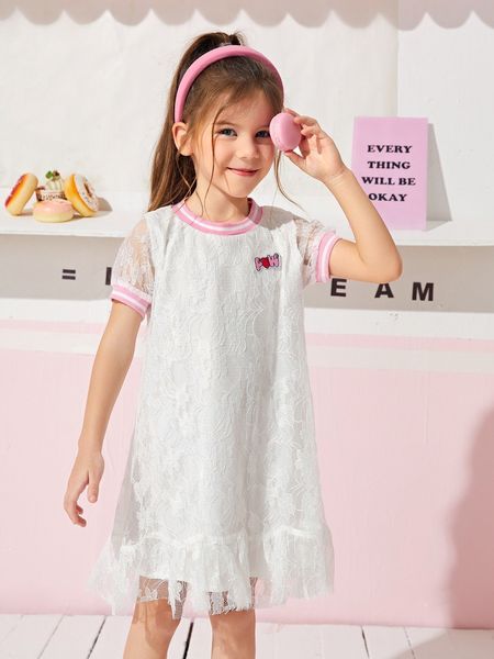 

toddler girls letter patched striped cuff lace overlay dress she, Red;yellow