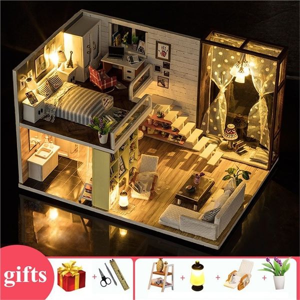 

wooden large doll house modern city loft kids home toys diy miniature doll house wood kit furnitures lamp bed zabawki dla dzieci y200413