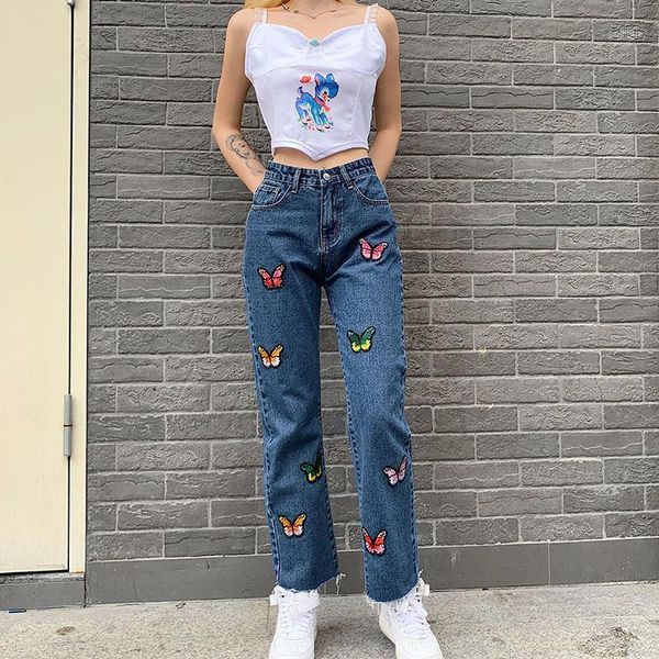 

2020 new print women high waist love heart stitching fashion loose denim pants truosers womens wide-leg jeans1, Blue