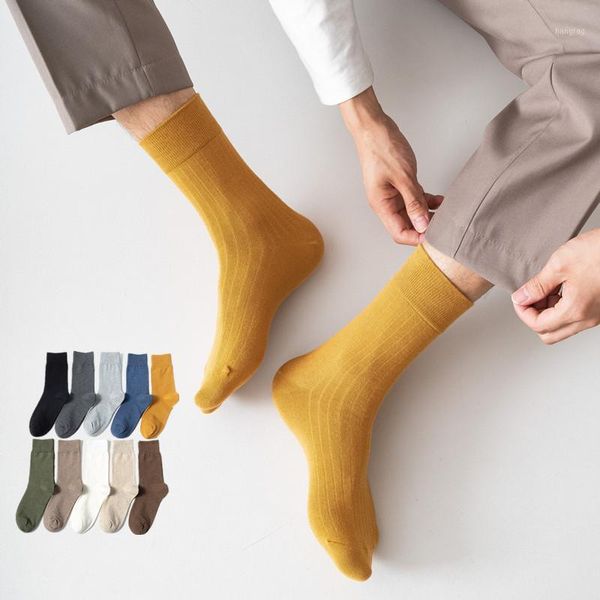 

striped socks men's solid color casual business retro fashion breathable soft comfortable cotton socks men white crew1, Black