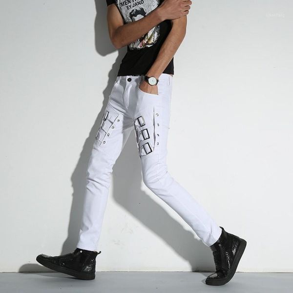 

autumn new brand white patchwork punk style mens pencil pants full length fashion night club wear slim fit stretch male trousers1, Black