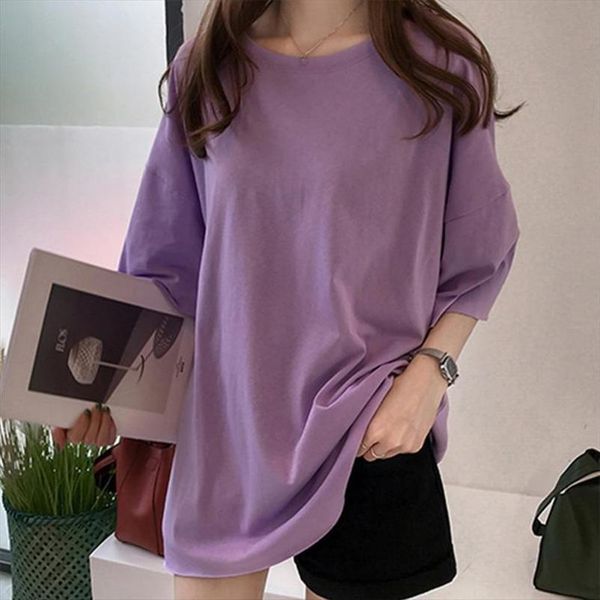 

korean style spring autumn o neck half sleeve t shirt long section solid color loose women female fashion casual long tees, White