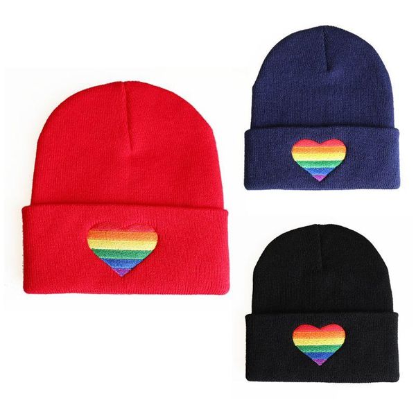 

rainbow heart embroidery knitted hat winter autumn pride lgbt beanie cap