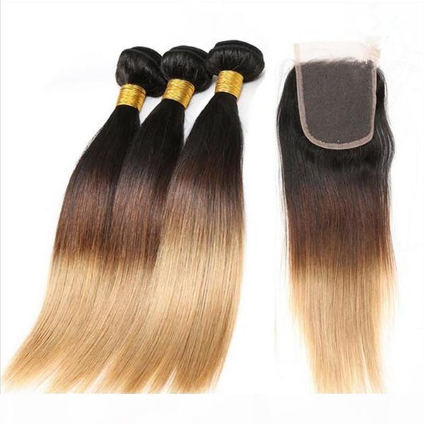 

peruvian silky straight 1b 4 27 honey blonde ombre human hair with lace closure 4pcs lot two tone 3bundles peruvian hair with closure, Black