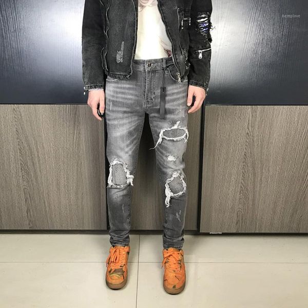 

american streetwear fashion men jeans elastic slim fit gray ripped denim punk pants patchwork hip hop trousers male1, Blue