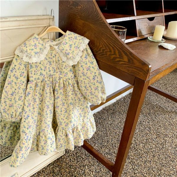 

girl's dresses 2021 winter children cotton long sleeve casual thicken lapel floral sanding princess girls baby pastoral lace dress, Red;yellow