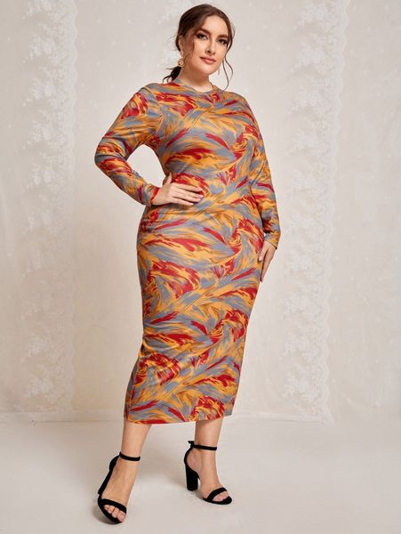 

plus brush stroke print slit hem bodycon dress x2ig#, Black