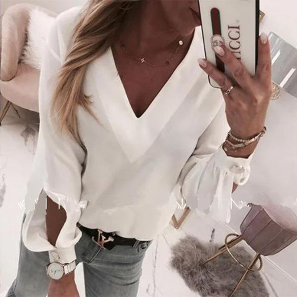 

белый блуза с длинным рукавом блузка v-образным вырезом женщины топы и блузки 2020 лето твердая офис рубашка lady блузка рубашка blusas ками, White
