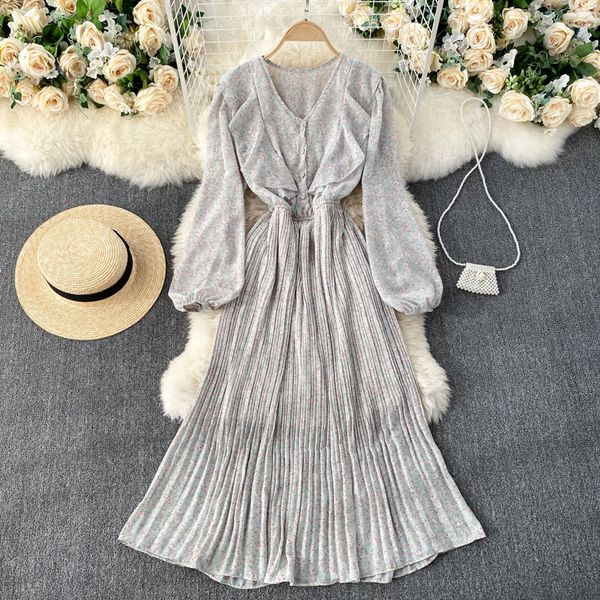 

2021 new singiny feminine sweet floral dress puff neck ruffled button autumn boho imprint the line dressed hocx, Black;gray
