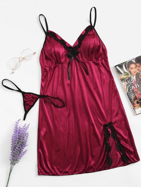 

plus contrast lace split satin babydoll with thong o90h#, Black;white