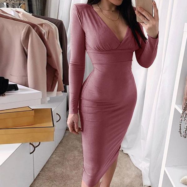 

casual dresses dress women deep v-neck long sleeve slim wear to work business office party solid sheath bodycon pencil dress#j301, Black;gray