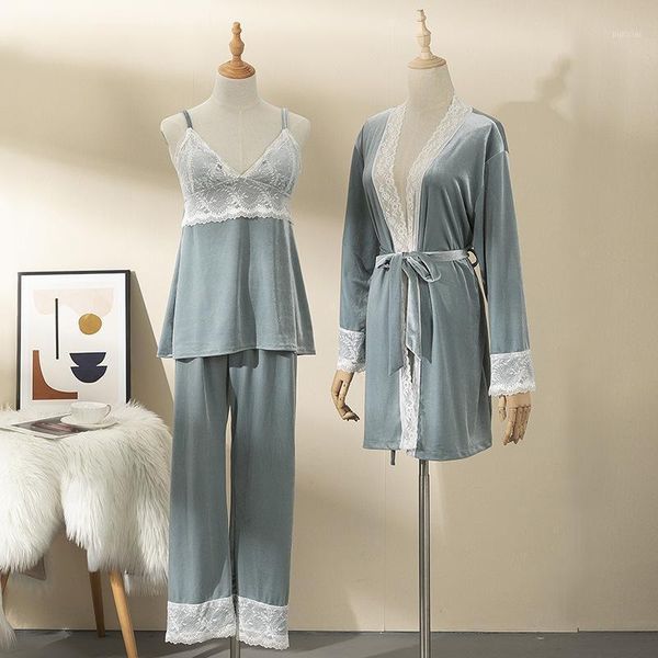 

pajamas women autumn and winter long sleeve robe sling trousers golden velvet 3pcs lace home clothes nighty for bride1, Black;red