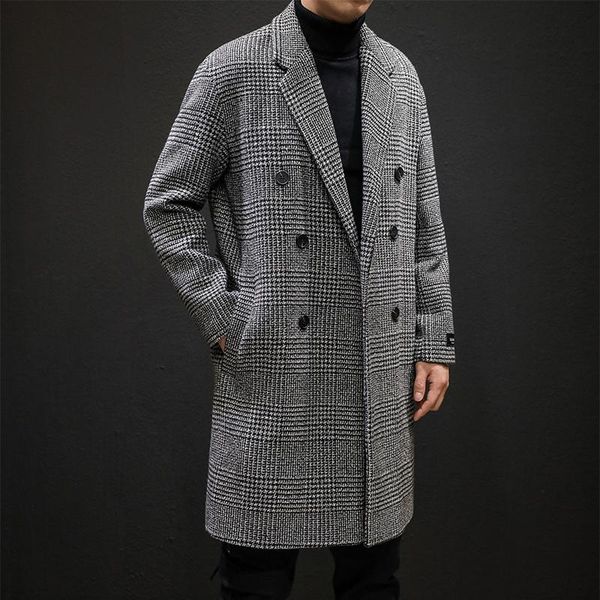 

2020 winter casual double-breasted men's wool coat jacket men's lapel stand collar long woolen coat, Black