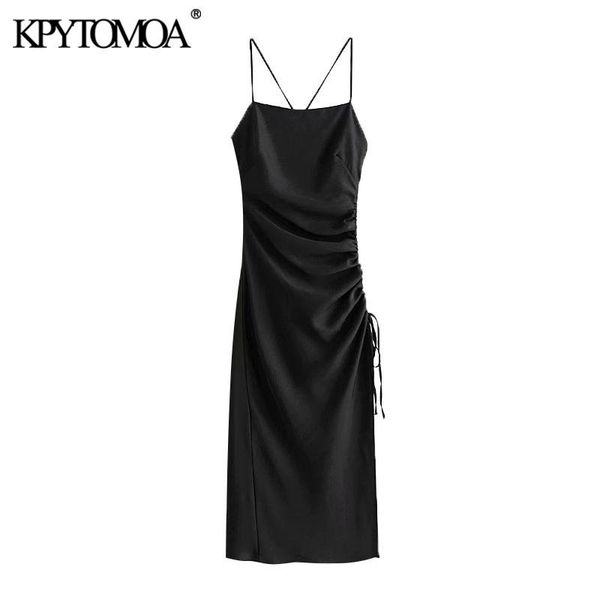 

casual dresses kpytomoa women 2021 chic fashion side adjustable drawstring draped midi dress vintage backless zipper straps female, Black;gray
