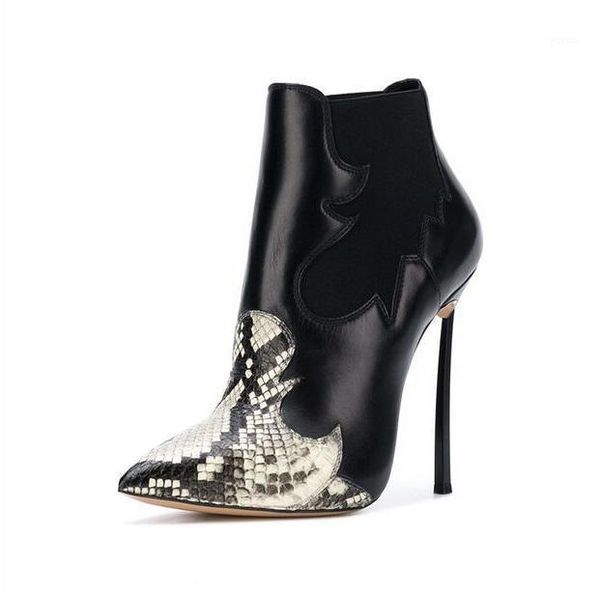 

boots snake print leather women ankle pointed toe metal blade heels rubber for slip-on female dress shoes1, Black