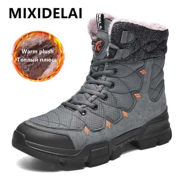 

brand winter snow fur plush warm leather men waterproof ankle outdoor non-slip hiking boots work shoes, Red;white