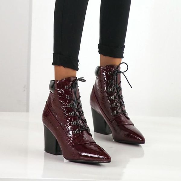 

2020 patent leather woman boots autumn winter lace-up shoes women plush short lining wedges short ankle boots lady casual shoes, Black