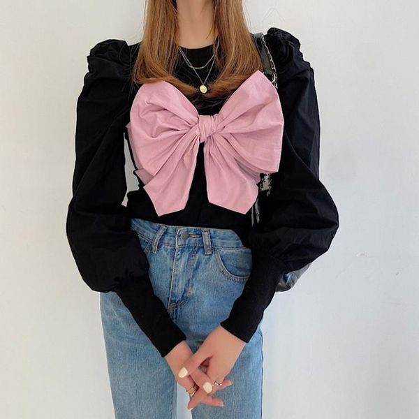 

women's sweaters korea sweet pink bowknot patchwork knitting chic fashion puff sleeve pullovers sweater for women clothes, White;black