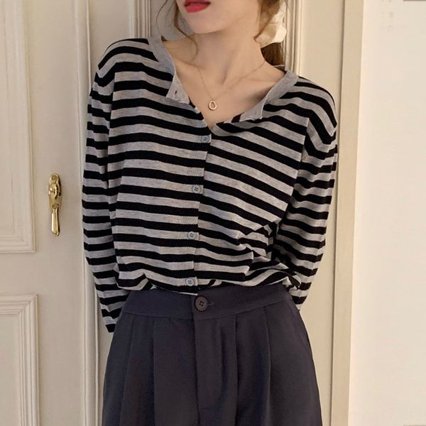 

hanfeng stripe soft glutinous long sleeve wool sweatercoat sweaterknitted cardigan coat autumn new women's thin sweater with bm 10vp, White;black