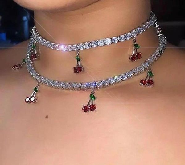 

sparking bling rhinestone zirconia cherry pendant necklace for women tennis chain choker crystal collar girls hiphop jewelry, Golden;silver