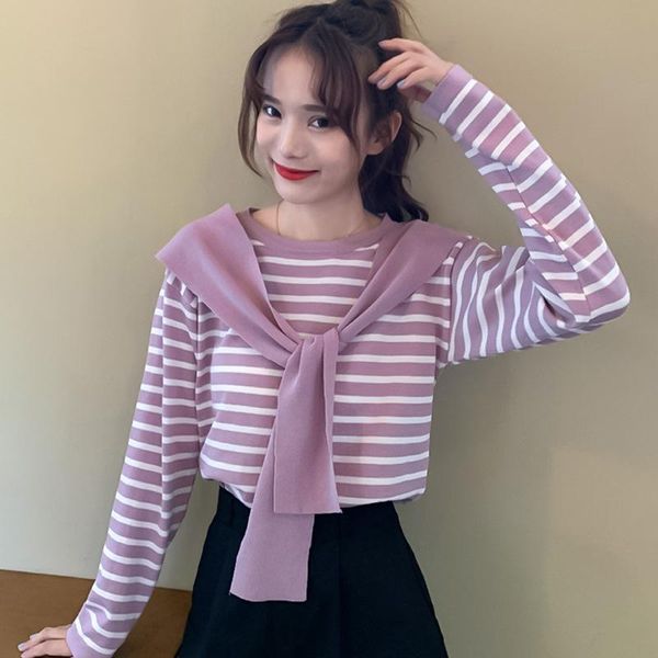 

korean student striped sweater with shawl autumn women loose long-sleeved round neck sweater five colors, White;black