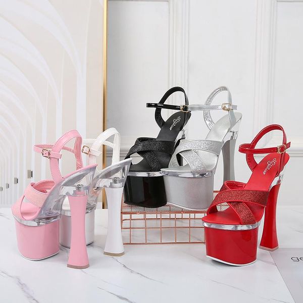 

2021 summer elegant women 17cm extreme high heels sandals sequin platform sandals plus size all-match lady wedding shoes, Black