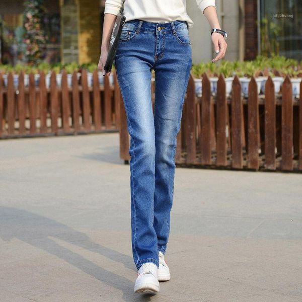 

autumn high waist directly canister jeans woman easy elastic force thin self-cultivation will code length pants1, Blue