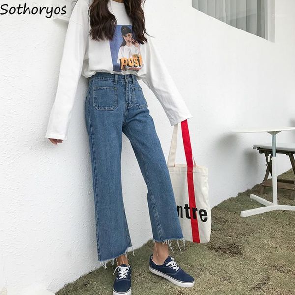 

jeans women simple streetwear solid denim all-match 2020 new korean style retro high waist loose women trousers trendy1, Blue