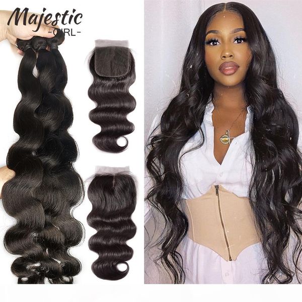

brazilian hair weave bundles 34 36 38 40 inch body wave 100% human hair bundles with closure natural color remy hair extension, Black;brown