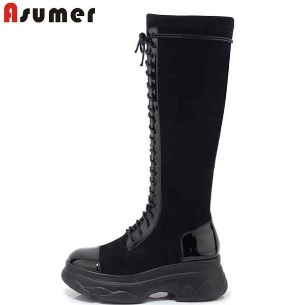 

boots asumer genuine leather women platform shoes patchwork ladies antumn winter knee boots1, Black