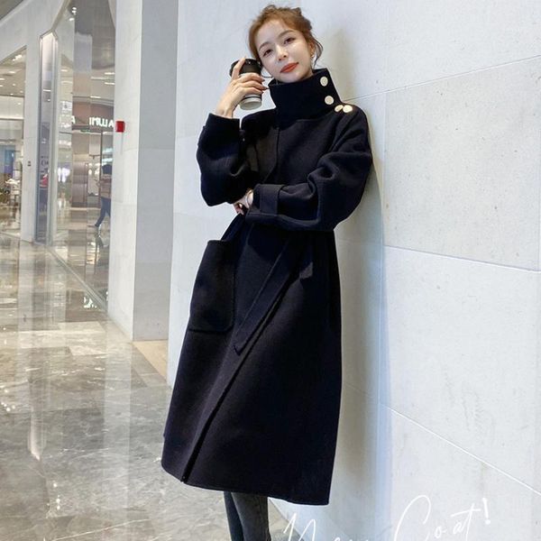 

woolen coat women long winter thick temperament popular female woolen clothing belt loose1, Black