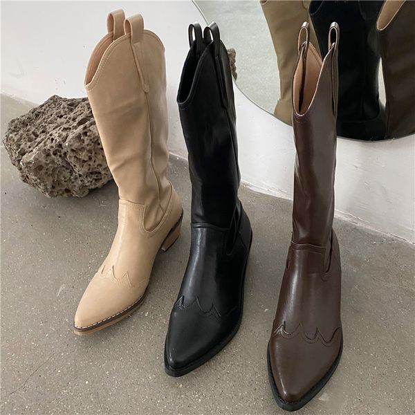 

2021 women apricot block heels mid calf lady riding cowboy winter designer thigh high boots shoes p6r2, Black