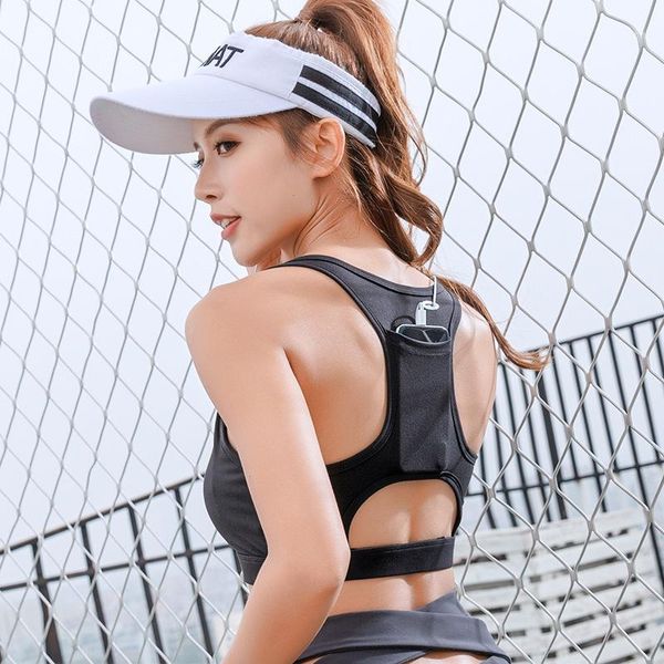 

gym clothing women sports bra with phone pocket compression push up workout tank vest stretch sportswear elastic running yoga bh1, White;black