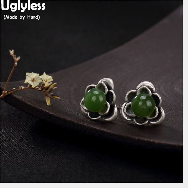 

uglyless ручного треугольник цветок серьга для женщин природного нефрита серьга твердого 925 тайских серебряного fine jewelry jasper bijoux, Golden;silver