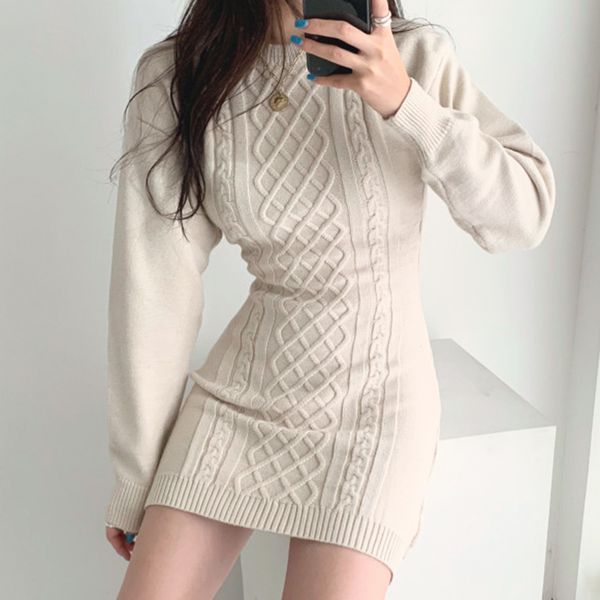 

fashion hollow out waist sweater dress women autumn winter high elastic twist knitted dress casual bodycon mini dress 3 colors lj201114, Black;gray