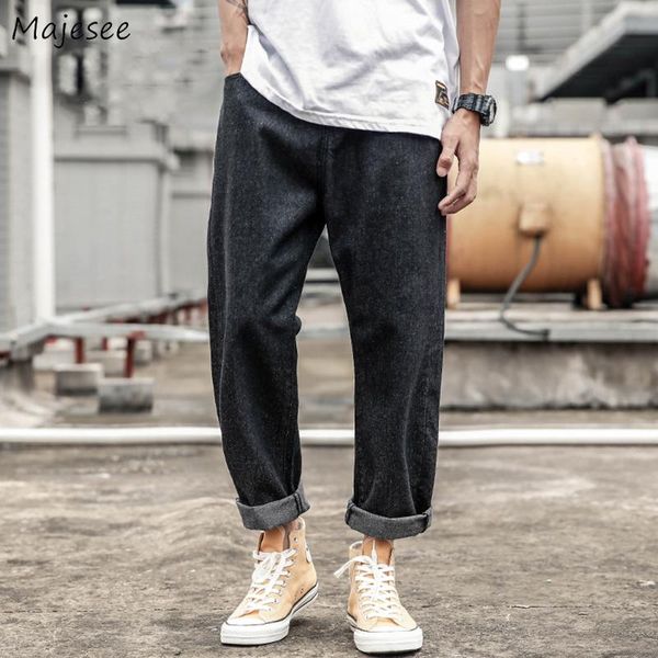 

men's jeans men straight solid low waist teenagers harajuku leisure retro loose trousers all-match baggy denim ankle length fashion, Blue