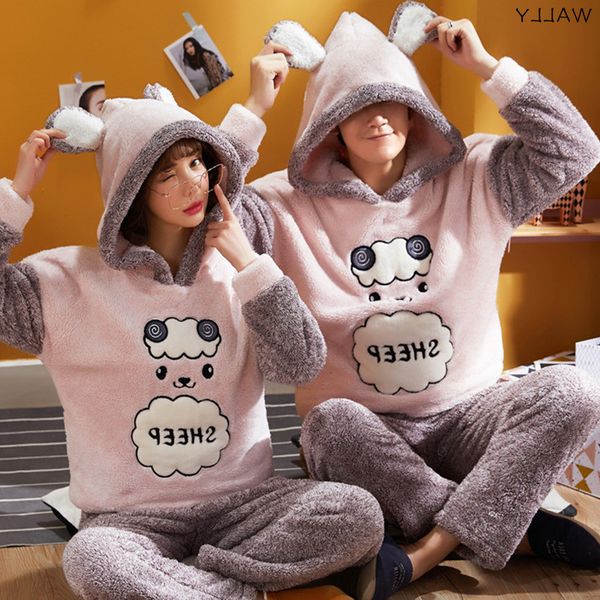 

couple men winter veet sleepwear 2 pieces warm flannel pajamas set animal cartoon cute home clothes, Black;brown