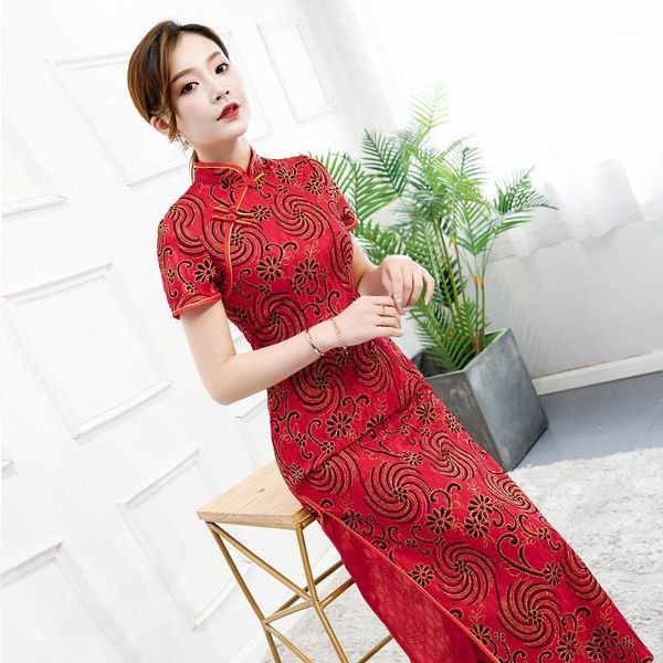 

spring and summer new fashion lace short sleeve cheongsam long style runway show dress improvement evening qipao dress1, Red