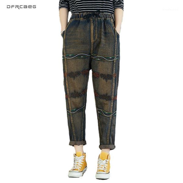 

streetwear vintage embroidery women jeans 2020 spring elastic waist boyfriend casual retro denim straight pants female1, Blue
