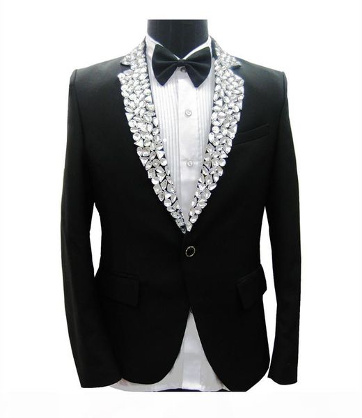 

black men's jacket sparkly rhinestones slim blazers formal studio groom wedding dresses prom party male singer stage performance costum, White;black