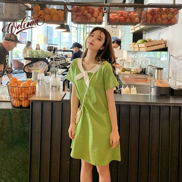 

2020 летом новый корейский уха кролика с коротким рукавом кролик уха платье моды платье с талией закрытия средней длины и универсальный студ, Black;gray