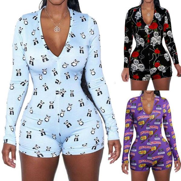 

2020 women deep v-neck bodycon sleepwear jumpsuit button bodysuit shorts romper floral leotard long sleeve print tracksuit, Black;white