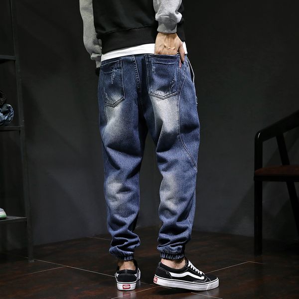 

2021 new japanese fashion loose fit spliced denim cargo size 28-44 vintage designer harem pants hip hop jeans men joggers nq41, Blue
