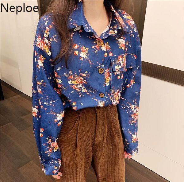 

neploe 2020 spring korean corduroy blouse shirt fashion single breasted pocket floral women causal sweet blusa femme 591981, White