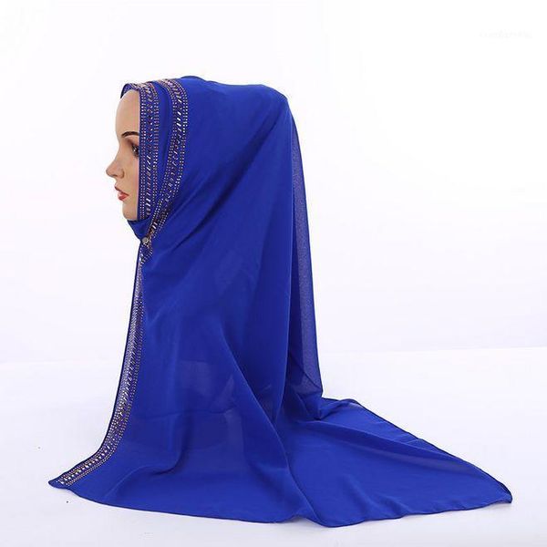 

chiffon hijabs with luxruy rhinestone muslim islamic scarf scarves for woman long underscarf moslima solid color prayer turbante1, Red