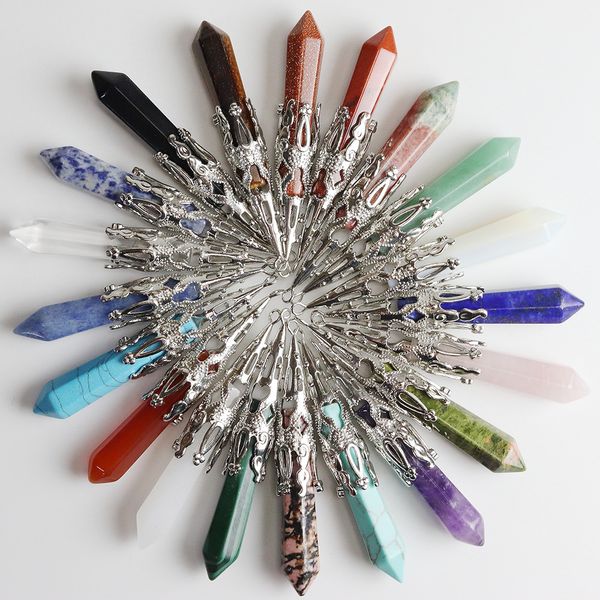 

natural crystal hexagon prism shape chakra stone charms rose quartz pendants for jewelry accessories diy making wholesale, Bronze;silver